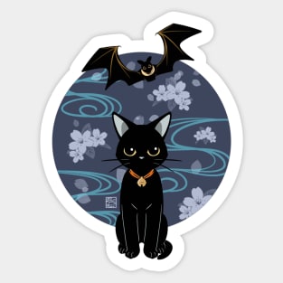 Flyingfox And Black Cat With Cherry Blossom Sticker